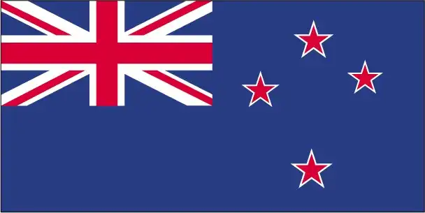 New Zealand Flag - The national flag of New Zealand is a Blue Ensign featuring the Union Jack in the canton and four red five‑pointed stars with white borders on the fly side, rep
