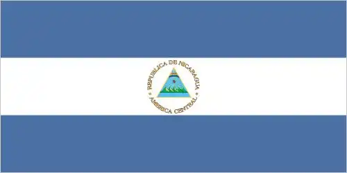 Nicaragua Flag - Nicaragua’s flag is a horizontal triband of azure–white–azure (3:5 ratio), with the national coat of arms centered in the white stripe, featuring a triangle wit