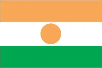 National flag of Niger - The national flag of Niger is a horizontal tricolor of orange, white, and green, charged at the center of the white stripe with an orange sun-disc. The subtle 6:7 ratio sets it apart among global flag standards.