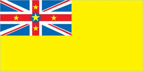 Niue Flag - Niue’s flag features a gold field with the Union Jack in the upper hoist quarter. The Union Jack includes a blue disc at its center bearing a larger yellow star