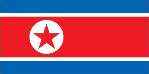National flag of North Korea - The Democratic People's Republic of Korea flag, commonly known as the 'Blue-Red Republic Flag' or 'Red-Blue Five-Star Flag'. The flag features a red horizontal band in the center with blue borders above and below, separated by thin white stripes. A red five-pointed star is embedded in a white circle on the hoist side of the red band.