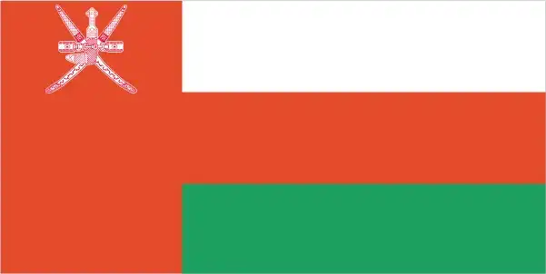 National flag of Oman - Oman’s flag features a vertical red stripe at the hoist bearing the national emblem, alongside three horizontal stripes of white, red, and green—a design merging tradition, peace, and national identity.
