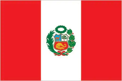 Peru Flag - Peru’s national flag is a vertical bicolor of red at both hoist and fly and white center; the state and war variants include the national coat of arms centered 