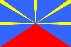 National flag of Réunion - As a French overseas department, Réunion officially uses the French tricolour. However, since 2003 the unofficial ‘Lö Mahavéli’ (Radiant Volcano) flag—depicting Piton de la Fournaise erupting with five golden rays on a navy-blue field—has gained popularity among local councils and communities.