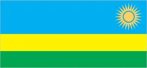 Rwanda Flag - Rwanda’s flag is a horizontal tricolor of sky-blue (top), gold, and green, with a golden sun bearing 24 rays in the top-right corner—designed to symbolize natio