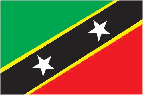 Saint Kitts and Nevis Flag - The flag of Saint Kitts and Nevis features a diagonal black band edged in yellow from lower hoist to upper fly, dividing a green upper triangle and a red lower 