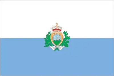 San Marino Flag - San Marino’s flag consists of two horizontal bands—white over light blue—with the national coat of arms centered. The white symbolizes peace and the snow coveri