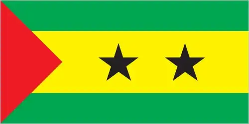 São Tomé and Príncipe Flag - The flag of São Tomé and Príncipe is a horizontal triband of green, yellow, and green, with a red isosceles triangle at the hoist and two central black stars—hi
