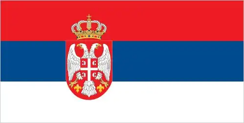 Serbia Flag - Serbia’s flag is a horizontal tricolor of red (top), blue, and white, with the national coat of arms—featuring a double‑headed eagle and Serbian cross—positione