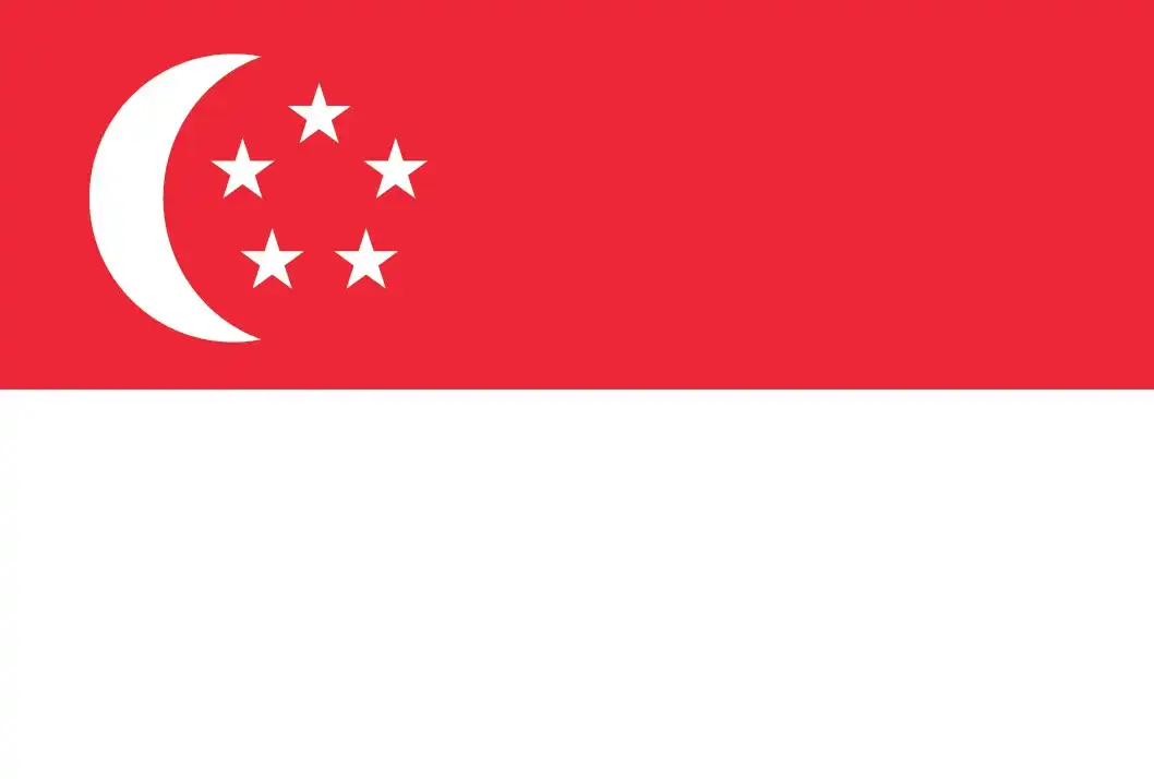 National flag of Singapore - Singapore’s flag comprises two horizontal bands—red over white—with a white crescent and five stars in the upper left canton, evoking national unity, virtue, youth, and ideals.