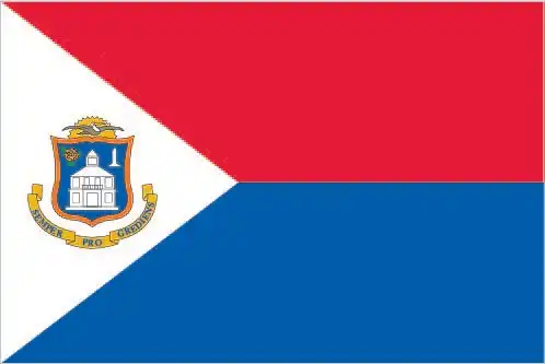 Sint Maarten Flag - Sint Maarten’s flag is a horizontal bicolor of cherry red (top) and navy blue (bottom) with a white equilateral triangle at the hoist bearing the island’s coat 