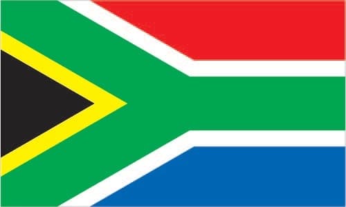 National flag of South Africa - The South African flag features a unique Y-shaped design with six colors. The flag begins at the hoist with a black triangle bordered by yellow, which splits into a Y-shape. The upper band is red, the lower band is blue, and a green horizontal band extends to the fly end. A white band separates the red and blue sections. The distinctive Y or V-shaped design converges diverse elements into a unified horizontal band.