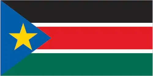 South Sudan Flag - South Sudan’s flag consists of horizontal bands—black, red, and green—separated by thin white stripes, with a blue equilateral triangle at the hoist bearing a c