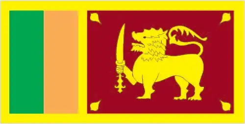 National flag of Sri Lanka - Sri Lanka’s flag features a golden lion wielding a kastane sword on a dark red field, bordered by yellow and flanked by green and saffron vertical stripes—reflecting national unity, cultural diversity, and ancient heritage.