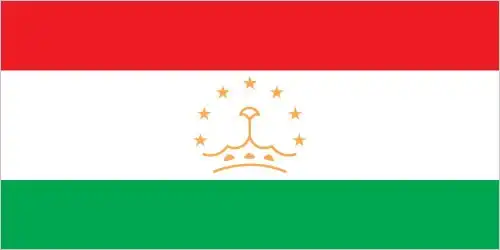 Tajikistan Flag - Tajikistan’s flag is a horizontal tricolor of red, white (wider), and green, with a golden crown surmounted by seven stars centered on the white band—conveying 