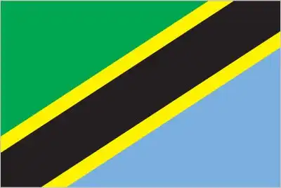 National flag of Tanzania - Tanzania’s flag displays a diagonal golden-edged black band dividing a green upper triangle and a blue lower triangle, creating a bold and unique national emblem adopted at the union of Tanganyika and Zanzibar.