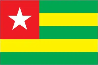 Togo Flag - Togo’s flag has five horizontal stripes—green, yellow, green, yellow, green—with a red canton bearing a white star—rendering it one of Africa’s most distinctive