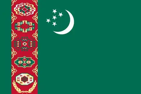 National flag of Turkmenistan - Turkmenistan’s flag is a green field with a vertical red stripe near the hoist featuring five carpet guls, overlapping a white crescent and five stars, and crossed olive branches—fusing Islamic heritage, tribal unity, neutrality, and artisanal tradition.