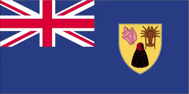 Turks and Caicos Islands Flag - The flag is a British Blue Ensign—blue field with the Union Jack in the canton—defaced with the territory’s coat of arms: a yellow shield displaying a queen con