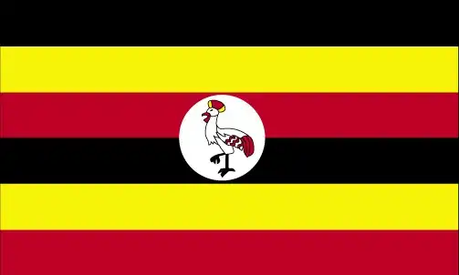 Uganda Flag - Uganda’s flag features six equal horizontal stripes (black, yellow, red repeated), with a central white disk containing a grey crowned crane (facing the hoist),