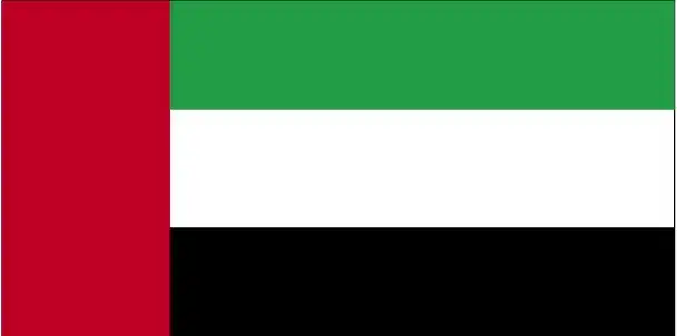 National flag of United Arab Emirates - The UAE flag features a vertical red band at the hoist, followed by horizontal stripes of green, white, and black—using Pan-Arab colors to express unity, heritage, and national identity.