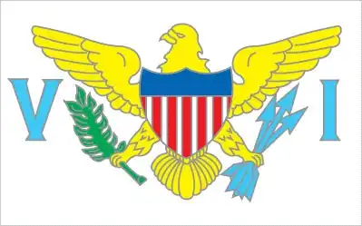United States Virgin Islands Flag - The flag shows a simplified U.S. coat of arms—golden eagle grasping a green laurel sprig and three blue arrows—flanked by large blue 'V' and 'I' letters on a wh