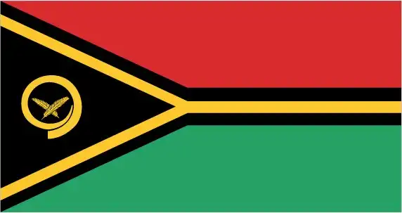 National flag of Vanuatu - Vanuatu’s flag overlays a black chevron bordered in yellow, separating horizontal red and green fields, with a yellow boar’s tusk enclosing two crossed namele leaves—ancient emblems of custom, peace, and prosperity.