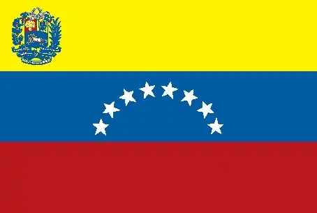 National flag of Venezuela - Venezuela’s flag features a horizontal tricolor of yellow, blue, and red with an arc of eight white stars centered on the blue band, echoing the design first flown by Francisco de Miranda in 1806.