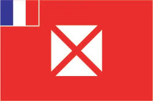 Wallis and Futuna Flag - Officially, the French national tricolor is the only legal flag. Unofficially, a local red field features the French flag in the canton and a white Maltese-styl