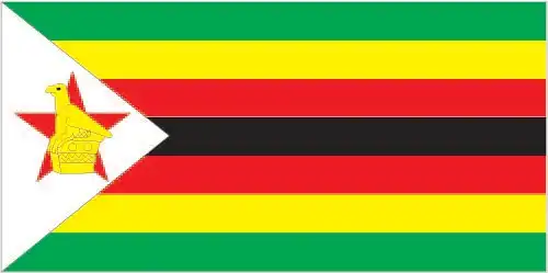 National flag of Zimbabwe - Zimbabwe’s flag consists of seven horizontal stripes (green, gold, red, black, red, gold, green) with a white triangle at the hoist bearing the Zimbabwe Bird superimposed on a red star, blending pre- and post-independence symbolism.