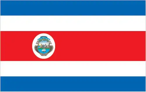 The flag of Costa Rica has five horizontal bands — blue, white, red, white, blue — with the central red band twice the height of each of the others. The civil flag bears no emblem; the state flag adds the national coat of arms on a white oval set toward the hoist. There is no triangle and no star. Blue stands for the sky, opportunity and perseverance, white for peace and wisdom, and red for warmth and the blood shed for freedom. The design was adopted in 1848, its red band inspired by the ideals of the French Revolution.