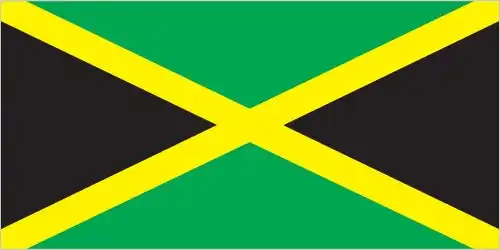 The national flag of Jamaica features a gold saltire dividing the field into four triangles—black for the top and bottom, and green for the hoist and fly. Its bold geometry and vivid colors convey themes of strength, hope, and natural wealth.